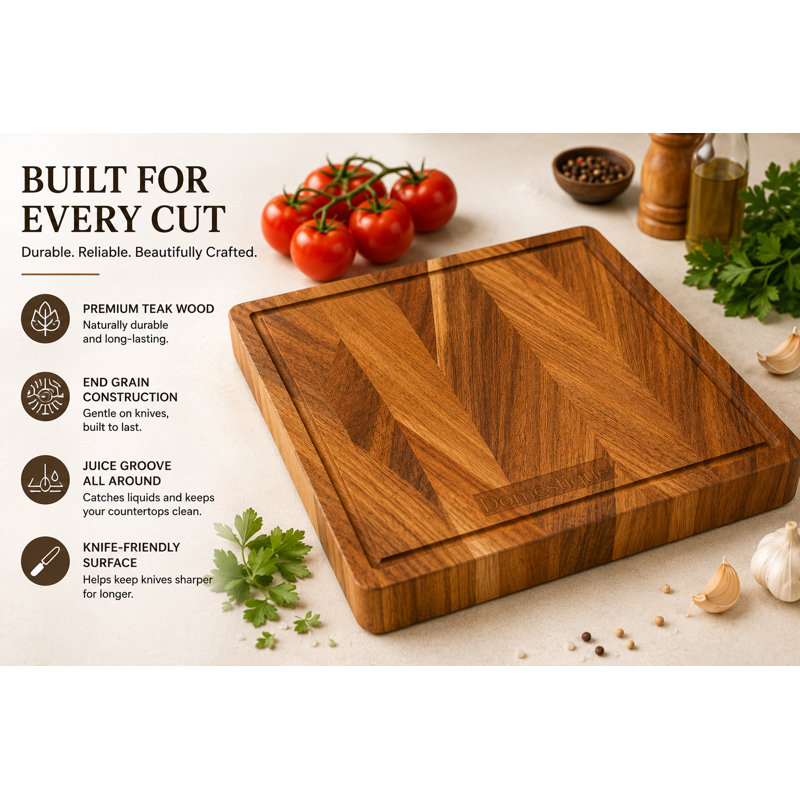 Planche à découper domestique en bois de teck massif (13 po x 13 po x 1 po) avec rainure à jus
