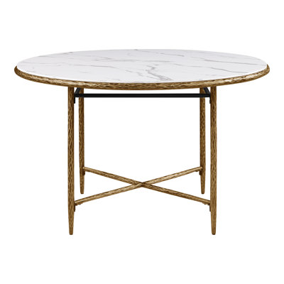 Lalia Round Faux Marble Top Hammered Forged Steel Dining Table
