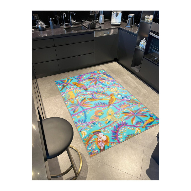 Tapis tissé à motif d'oiseaux bleu clair lavable à la machine, Tapis de couloir 2 pi 6 po x 6 pi 7 po inclus