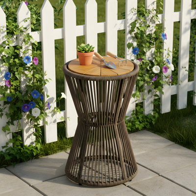 Table d'appoint d'extérieur, corde gris foncé et bois d'acacia, hauteur de 25,80 po, diamètre de 16,14 po, conception élégante de sablier long, résistante aux intempéries, pour patio, terrasse, jardin, balcon, style minimaliste moderne