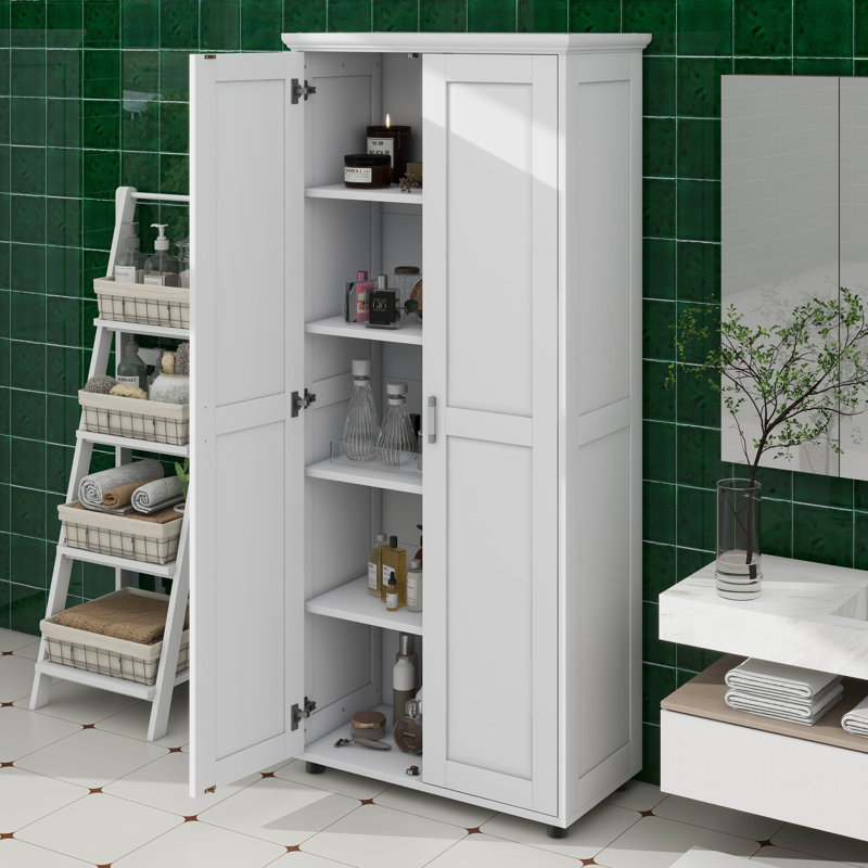 Grande armoire de rangement pour salle de bain avec 2 portes, 2 tablettes intérieures réglables et 2 tablettes fixes pour la salle de bain