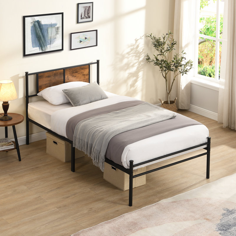 Twin Size Metal Bedframe,Headboard With Wood Panel Decoration,Black, Twin