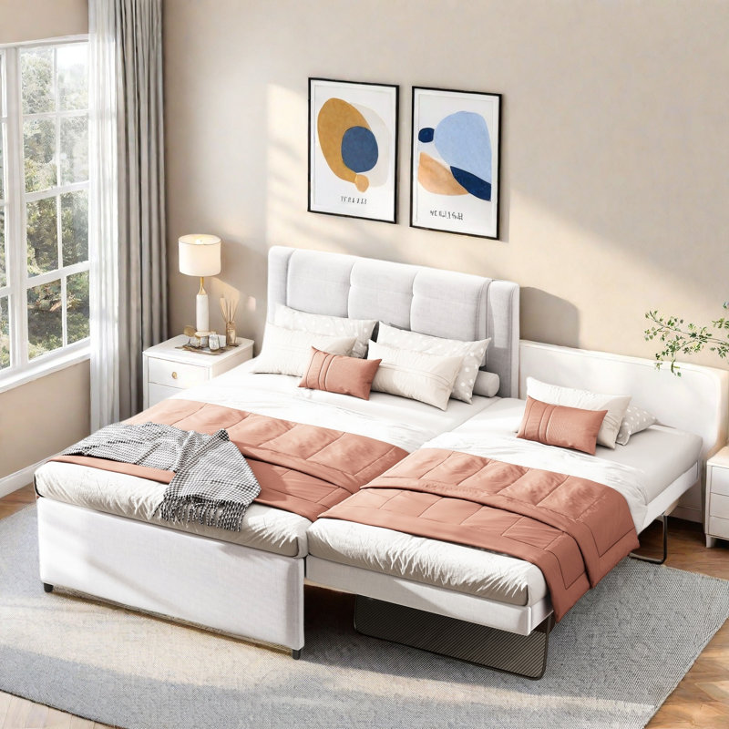 Upholstery Platform Bed With Multifunctional Trundle, Beige