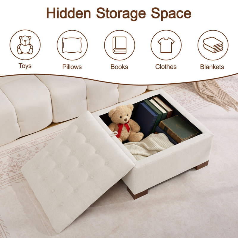 Repose-pieds de rangement carré capitonné de 29,5 po de largeur, H 17,7 po x l 29,5 po x P 29,5 po, Beige