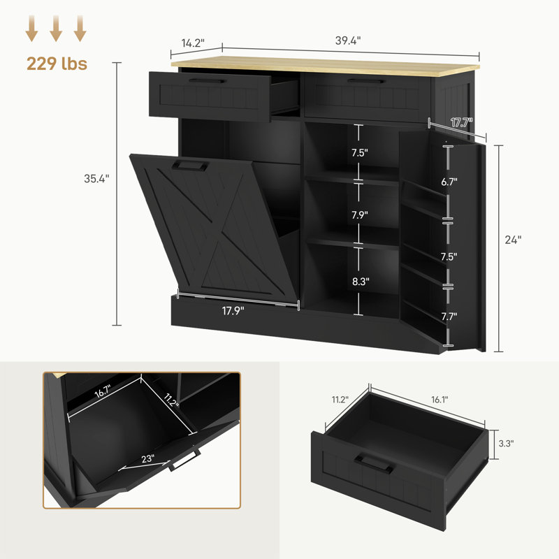 Armoire à ordures inclinable, îlot de cuisine avec 2 tiroirs, bois, Noir, noir, noir, noir