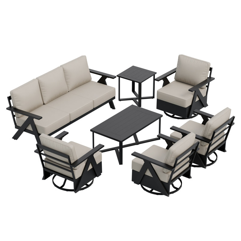 7 Pieces Metal Outdoor Patio Conversation Set ,2 Patio Swivel Lounge Chairs ,Couch and Tables, Beige