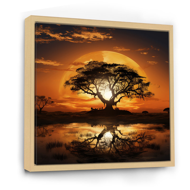 African Safari Tree Sunset Bliss - Art mural arbre, Cadre flottant brun, H 16 po x l 16 po x P 1 po