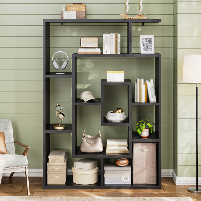 59" H Geometric Bookcase 4 Tier S-Shaped Room Divider Bookshelf, Black