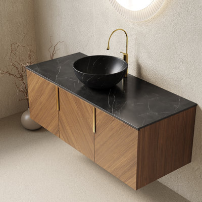 Arai 48" Bathroom Vanity & Sink, Floating Plywood Bathroom Storage Cabinet With 3 Doors, Black Sintered Stone Countertop & Black Bowl Ceramic Basin With Stone Pattern, Espresso Woodgrain Color