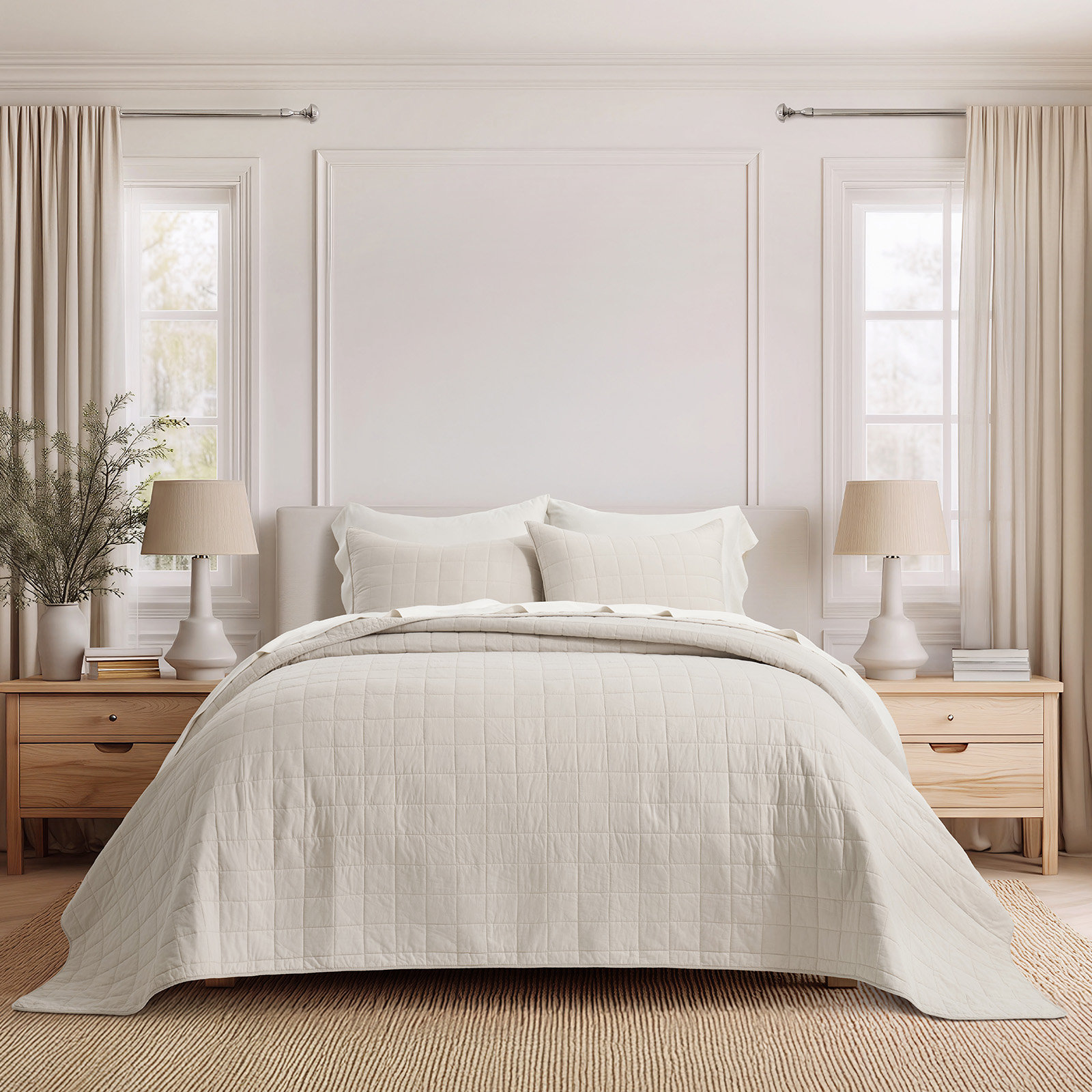 100% Cotton Box Stitch Quilt Set, Birch, California King Quilt + 2 King Shams