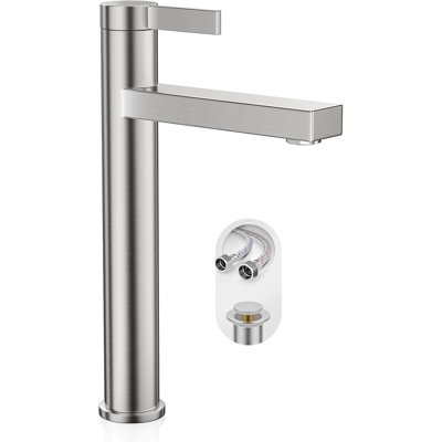 Brushed Nickel Tall Bathroom Vessel Sink Faucet, Single Hole Single Handle Modern Above Counter Sink Bathroom Faucet, with Water Supply Line