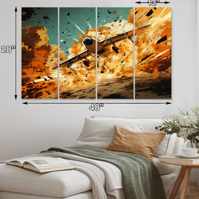 Avion qui décolle en pleine action sur toile, reproduction de 4 pièces