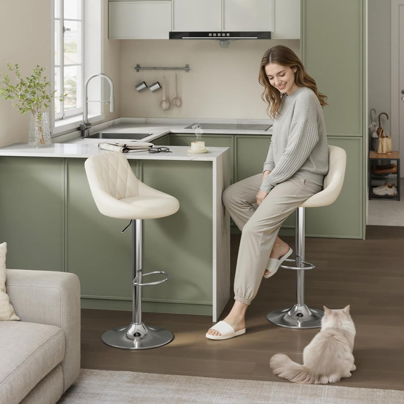 Swivel Upholstered Adjustable Height Counter Stool, Beige, 2