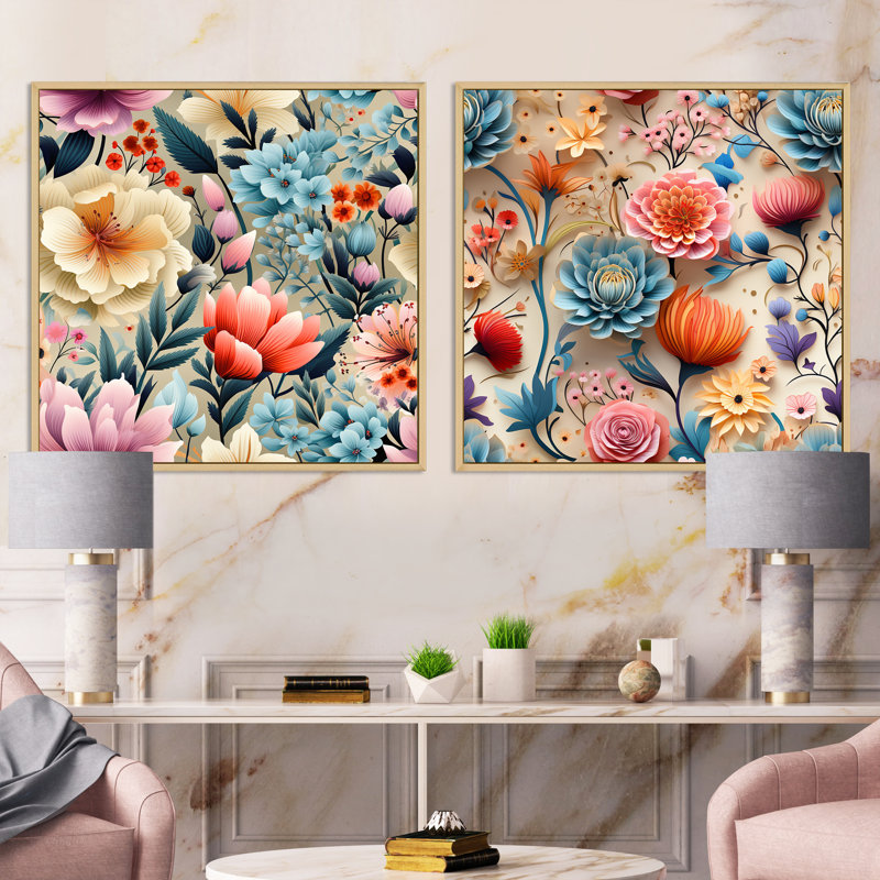 Cassandre - Ensemble de 2 collages carrés floraux, Cadre flottant brun, H 36 po x l 73 po