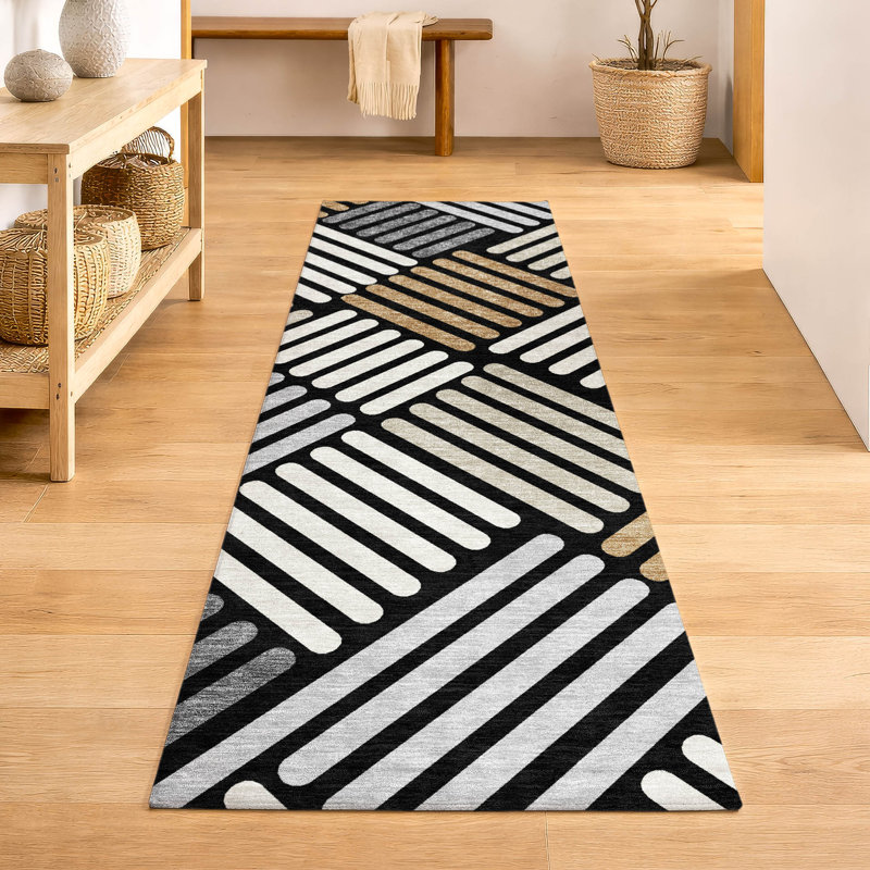 Premium Machine Washable Mayfield AMF2339 Geometric Rug, 2'3" x 7'6" Runner, Black