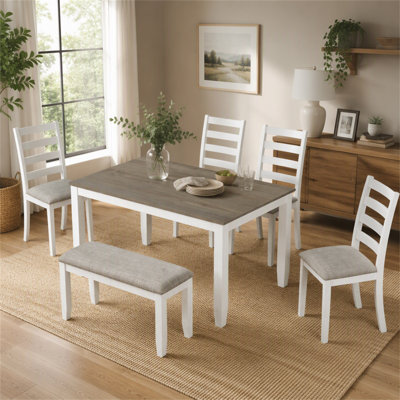 Ensemble de table de salle à manger de style rustique 6 pièces avec 4 chaises rembourrées et un banc