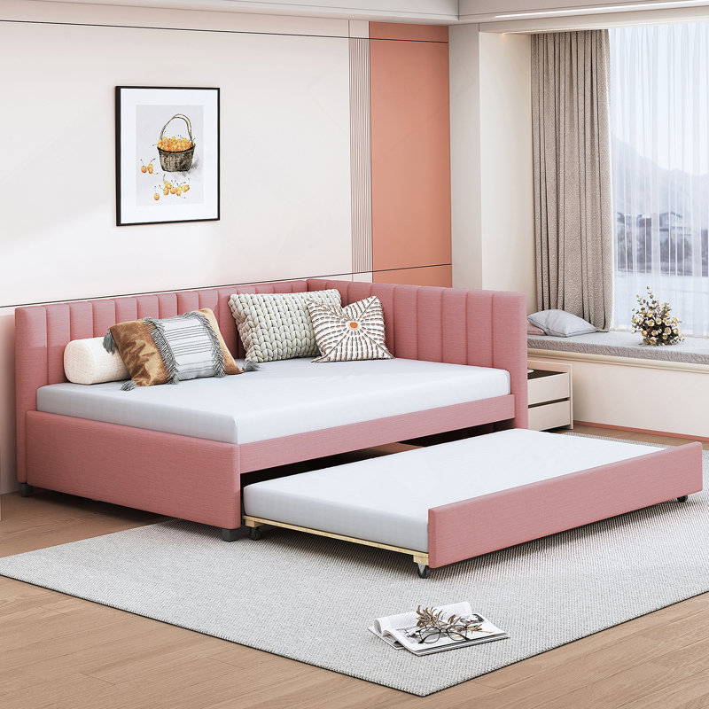Full Upholstered Daybed with Trundle Sofa Bed Frame, Full/Double, Pink