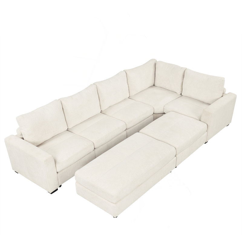 Canapé modulaire de 121,3 po avec deux repose-pieds mobiles pour le salon, Velours côtelé beige