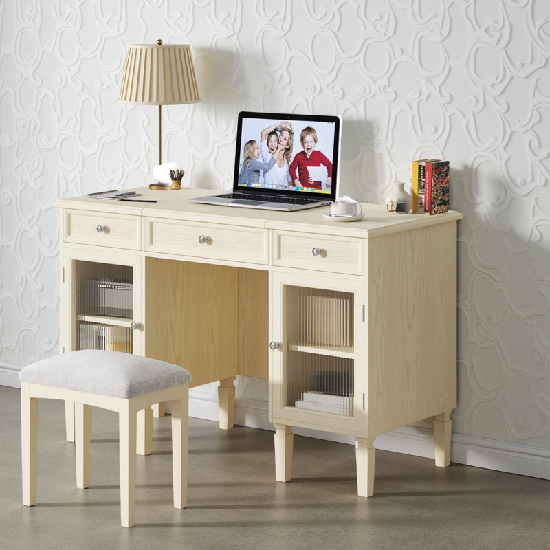 Bureau de coiffeuse 2 en 1 avec miroir rabattable - coiffeuse en chêne blanc et bureau d'ordinateur avec tabouret?