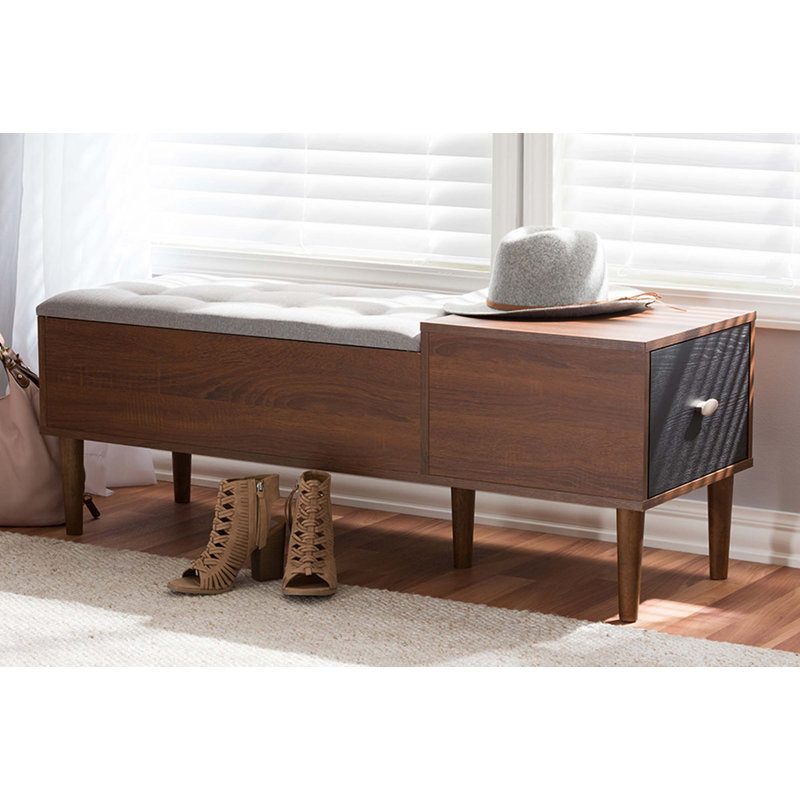 Banc de rangement rabattable en similicuir Edwina, Gris clair / Brun noyer