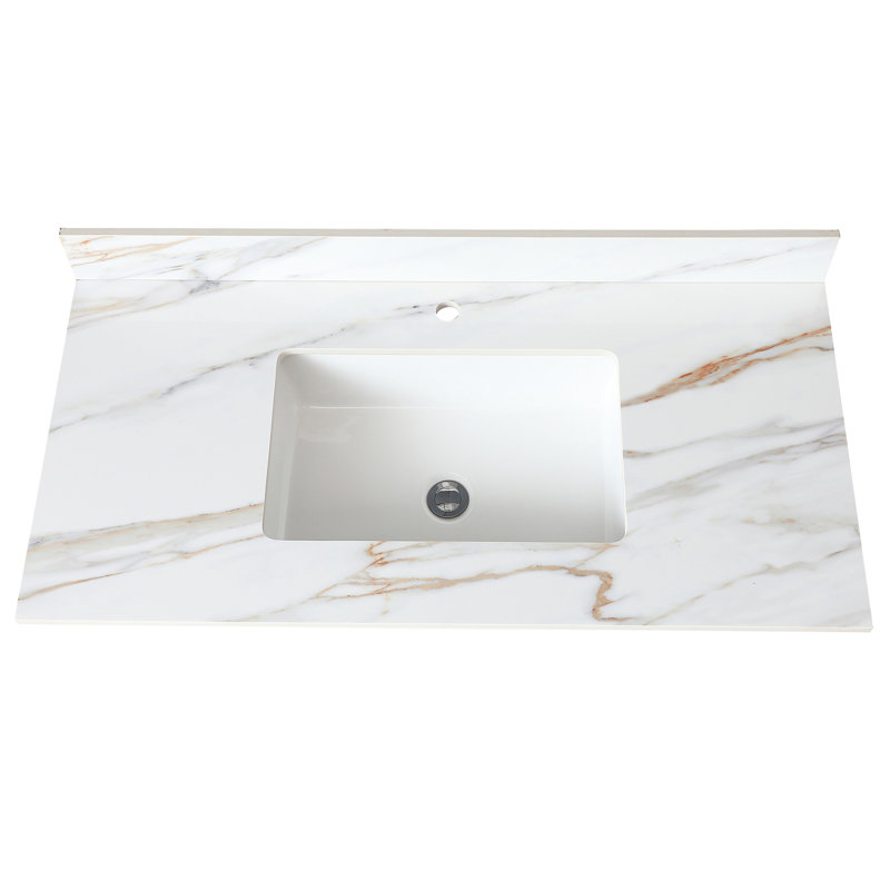 Comptoir de meuble-lavabo en marbre blanc 43 po - Lavabo central rectangulaire, dosseret 4 po, trou de robinet pré-percé, compatible avec les armoires l 42 po x P 21 po