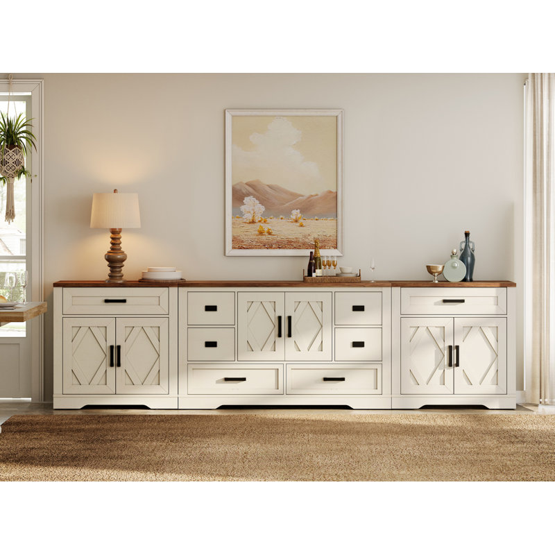 Laziza 117"W Large Modern Farmhouse Large Storage Sideboard Cabinet With Barn Doors & Drawers, Scratch-Resistant Tree Bark 