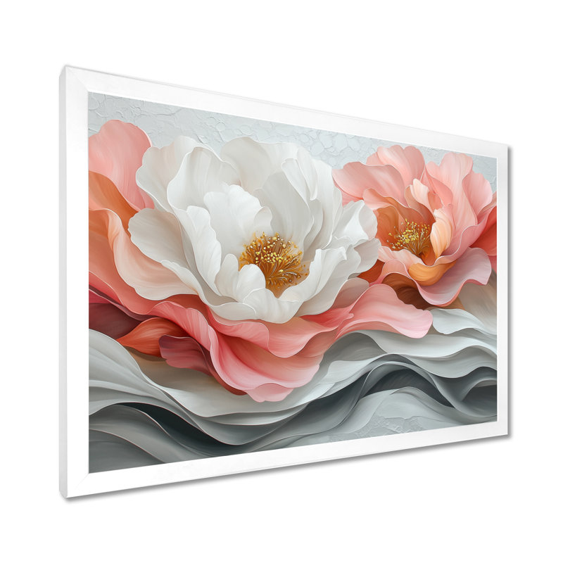 Blanc et corail, pivoines élégantes I - pivoines, art mural, Avec cadre, H 24 po x l 32 po, Blanc