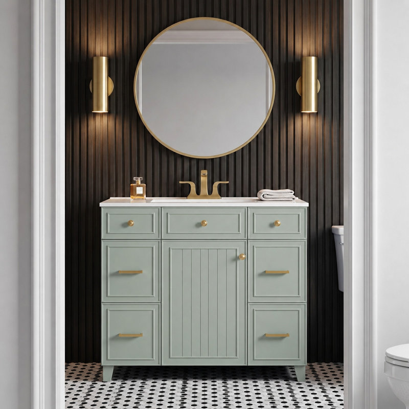 Meuble-lavabo autoportant de 91 cm de largeur avec tiroirs profonds et dessus en céramique, Vert