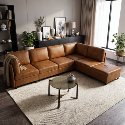 Canapé modulaire moderne en forme de U avec 2 repose-pieds, mobilier de salon Mid-Century à 6 places, canapé en tissu brun clair librement configurable, structure en bois et mousse à haute densité