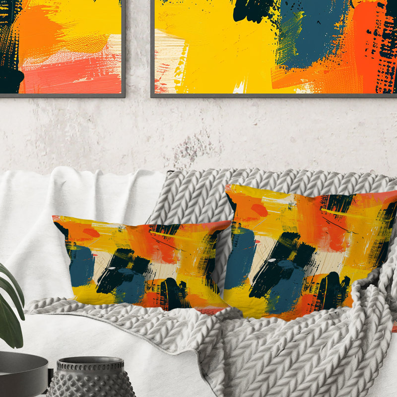 Yellow Brush Strokes - Coussin décoratif moderne, H 16 po x l 16 po