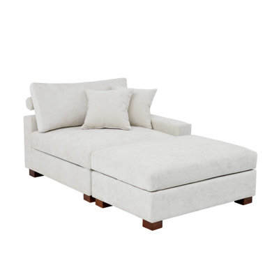 Upholstered Offwhite Chenille Modular Chaise Lounge with Armrests & Throw Pillows