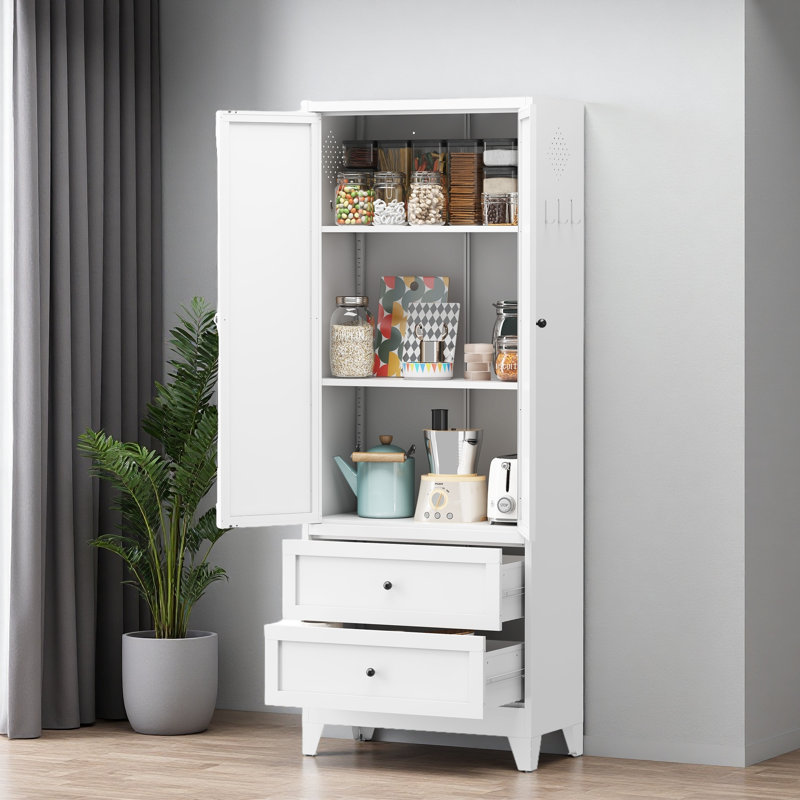 Armoire de rangement 72 po avec 2 tiroirs, armoire de rangement de cuisine autoportante avec tablettes réglables, organisateur robuste pour les épices