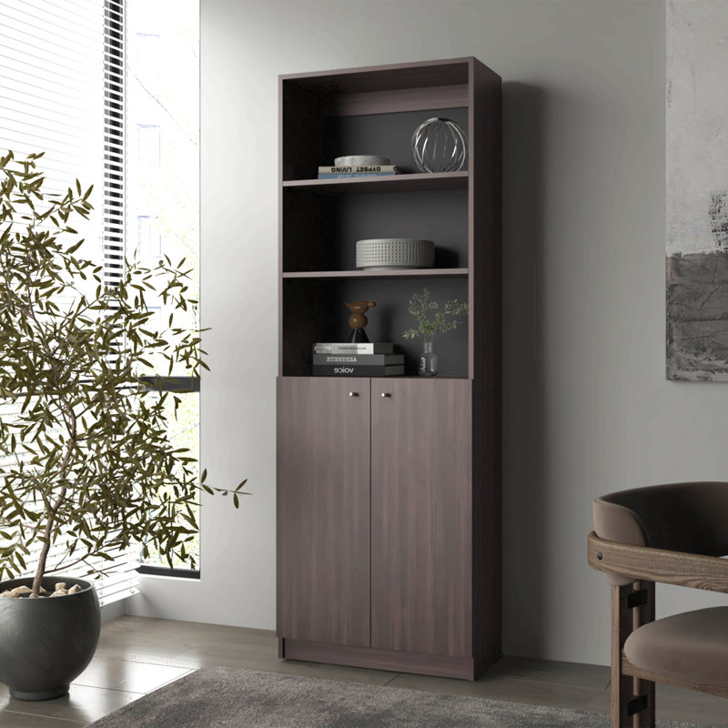 Stained Walnut Bookcase With Open Storage And 2 Doors