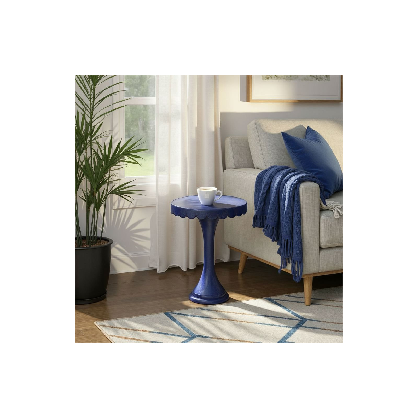 Linda Scalloped Round Drink Table, Navy Blue