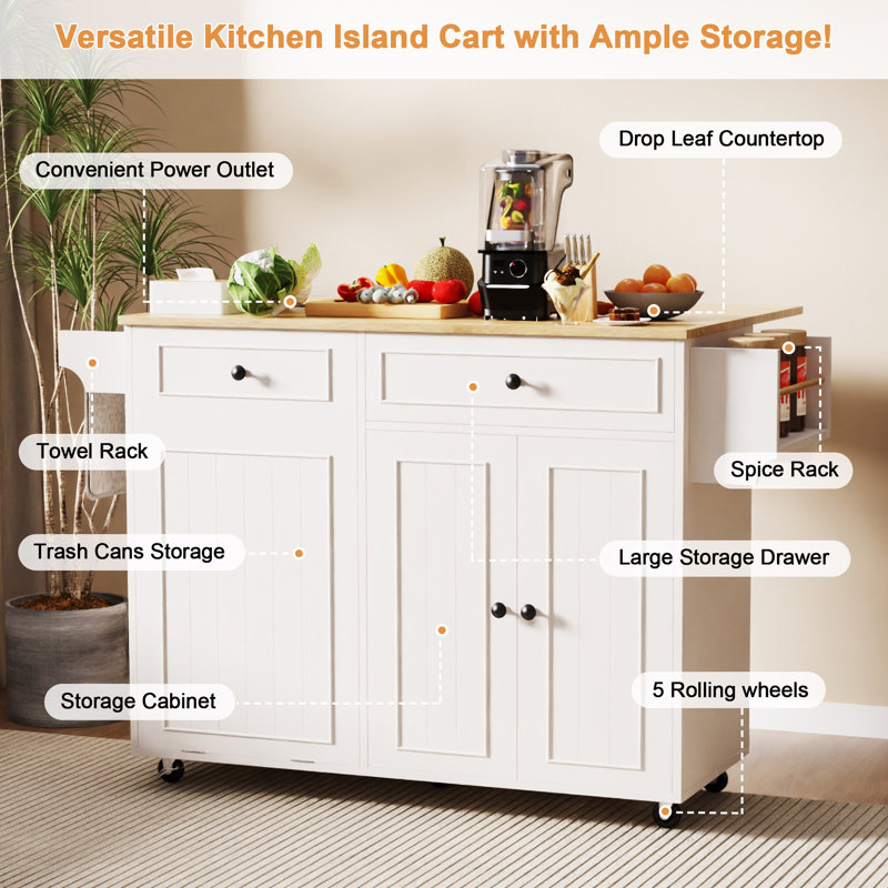 Rolling Kitchen Island Cart With Trash Can Storage, Power Outlet, Drop Leaf & One Drawer