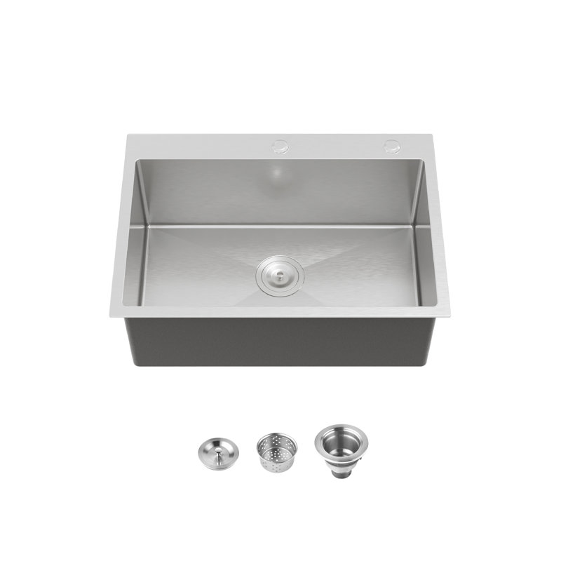 Évier de cuisine en acier inoxydable 27 po x 19 po, évier encastré à simple cuve, évier fait à la main en nickel brossé de calibre 16 avec bonde et crochets