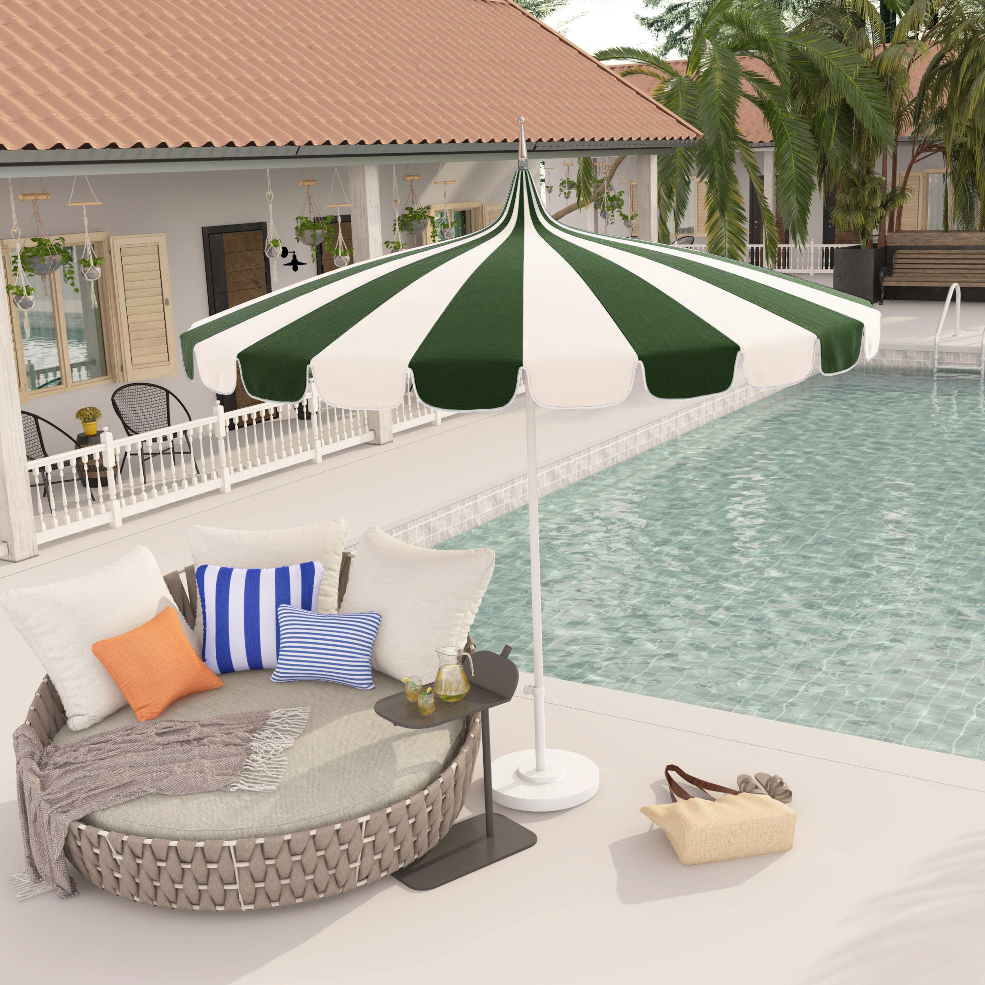 8.5' Sunbrella® Two-Tone Pagoda Umbrella, Canvas Forest Green Sunbrella® Canvas