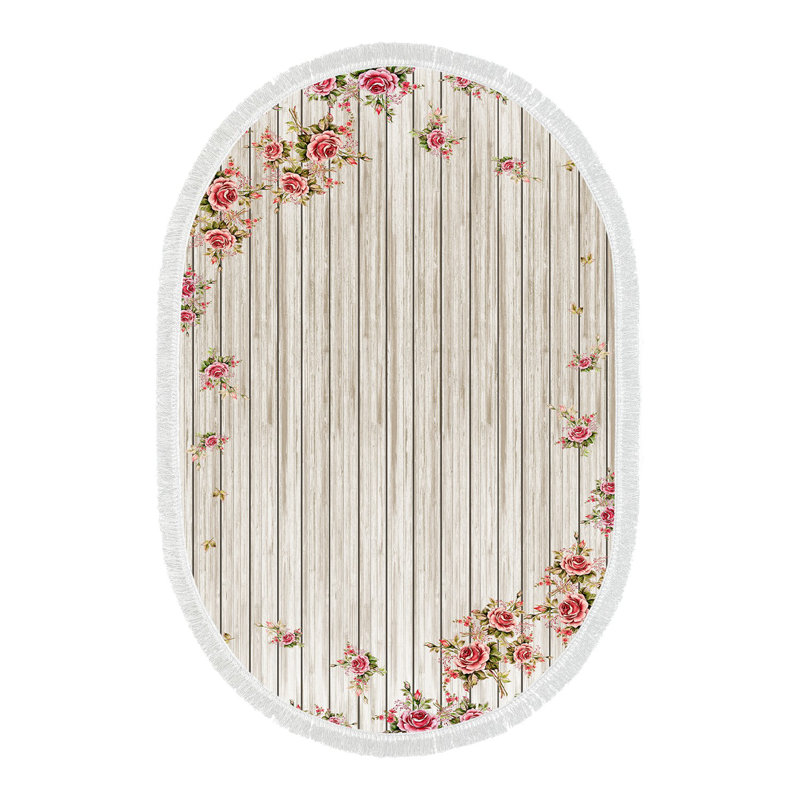 Tapis ovale en polyamide tissé à la machine en blanc, Ovale 5 pi 3 po x 7 pi 7 po