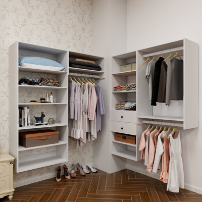 Système d'organisation modulaire en bois blanc H 70,2 po x l 117 po x P 16,19 po avec 11 tablettes, tiroirs et tringles