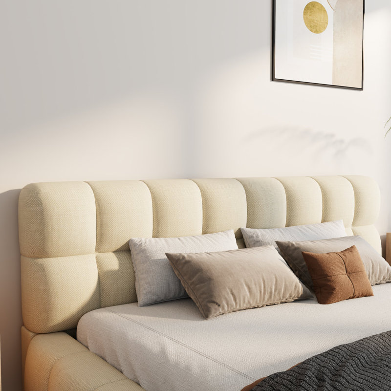 Katence Elegant Linen Queen Platform Bed with Upholstered Headboard and Solid Frame Stability, Beige