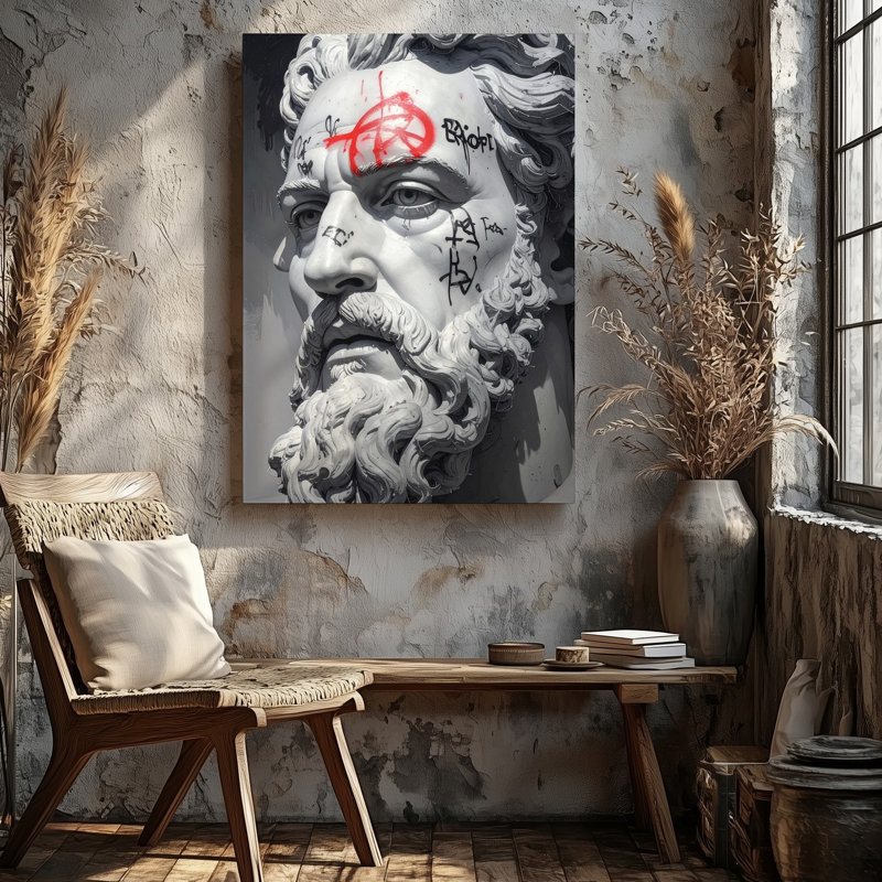 Sculpture sur toile dégradée avec buste de Zeus et art moderne graffiti, H 16 po x l 20 po