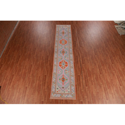 Tapis de couloir turc géométrique bleu Oushak 3 x 14