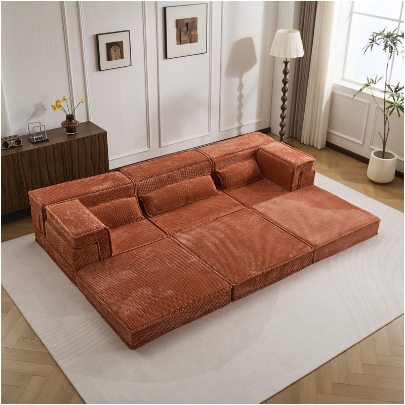 Canapé à compression Mahjong, canapé-lit convertible au sol, canapé modulaire modulaire désossé DIY, aucun assemblage requis, tissu polaire circulaire, surdimensionné à 3 places avec 3 coussins, orange