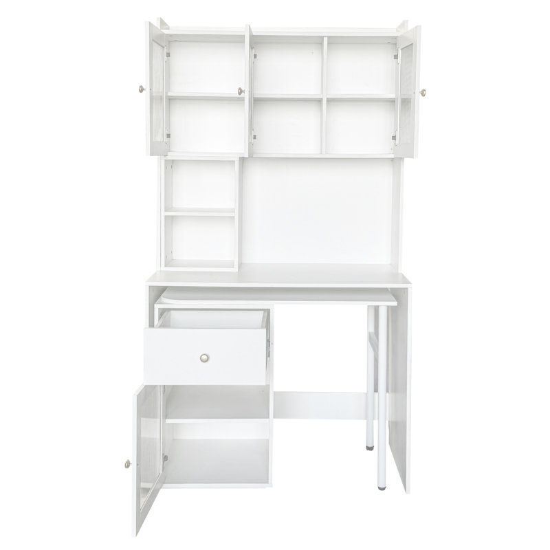 Bureau d'ordinateur avec porte vitrée, huche et bibliothèque, bureau rotatif à 90 °, grand bureau à domicile ou bureau d'étude, blanc