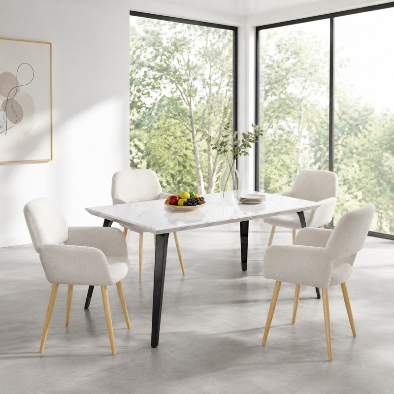 Ensemble de salle à manger 5 pièces 63 "en marbre blanc avec 4 fauteuils en tissu beige et pieds en métal noir, Beige