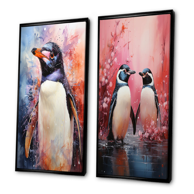 Pingouins antarctiques élégants - ensemble de salon art mural pingouin, Cadre noir, H 32 po x l 33 po