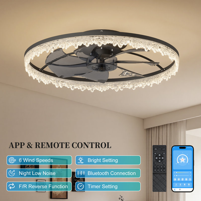 Ventilateur de plafond moderne en cristal noir avec lumière et télécommande, température de couleur réglable, 24" Wide