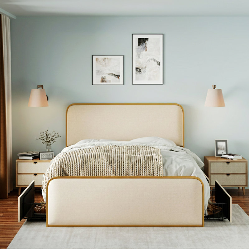 Cadre de lit en métal avec tête de lit, pied de lit et 4 tiroirs de rangement rembourrés, cadre de lit contemporain pour la maison