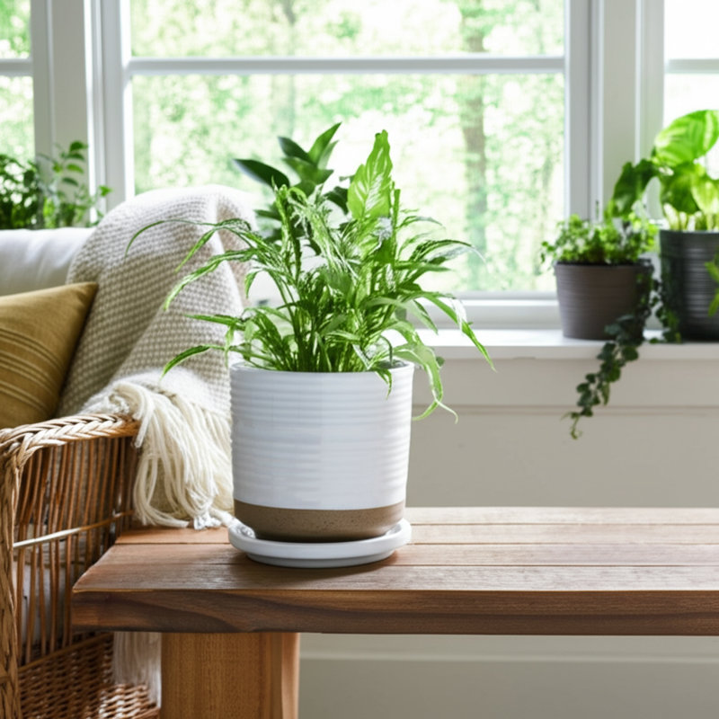 Balmer Ceramic Saucer Planter with Ribbed Texture, 1, White