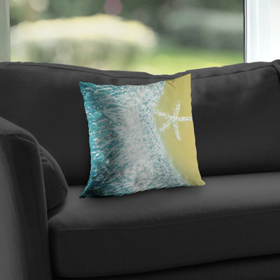Right Side Seastar and Wave Throw Pillow | Beach Living Room – Poly Twill Throw Pillow with Insert, Double-Sided Print